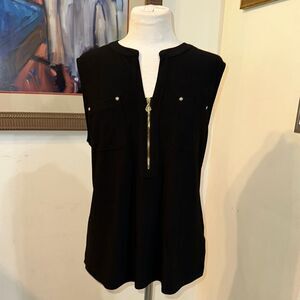 Anne Klein Black/Gold Sleeveless Top with Zipper Front Size XL